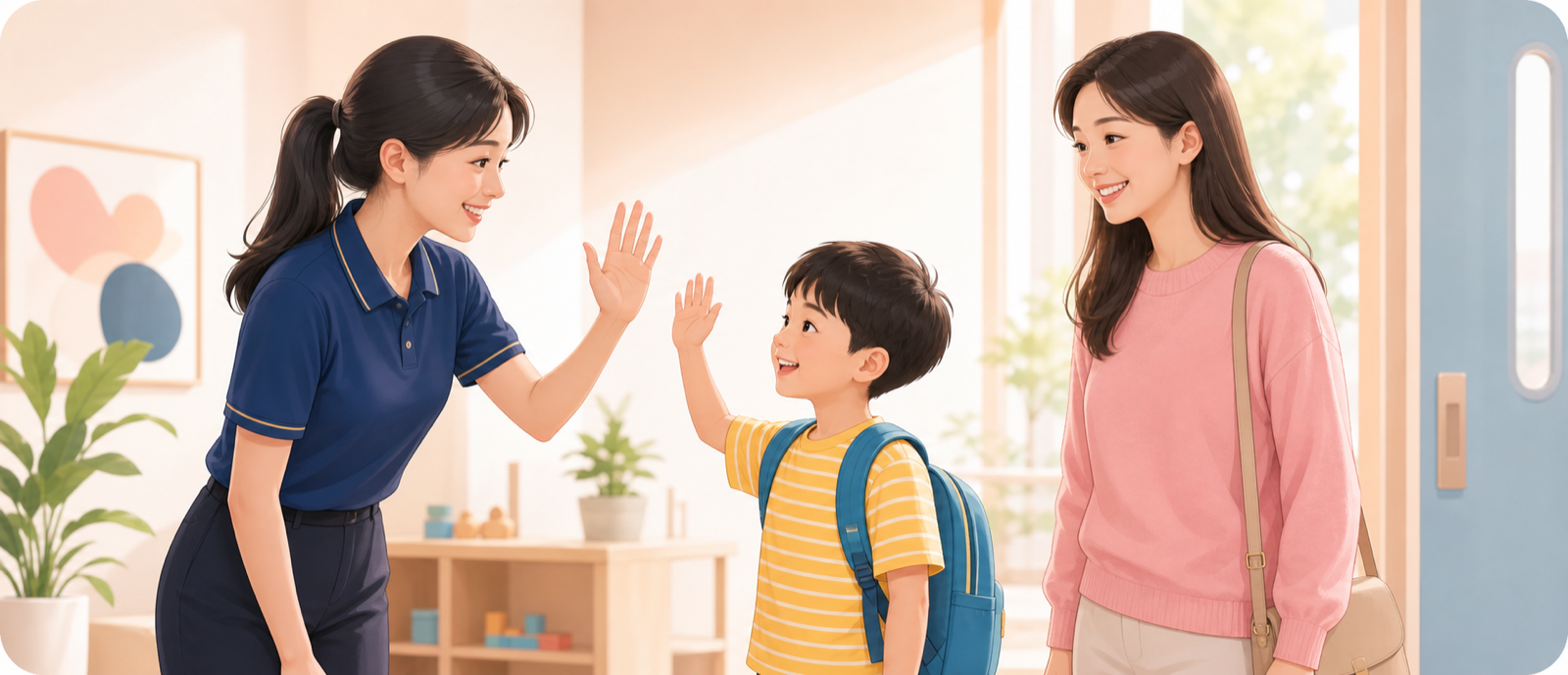 老师、家长和孩子在中心亲切互动的插画