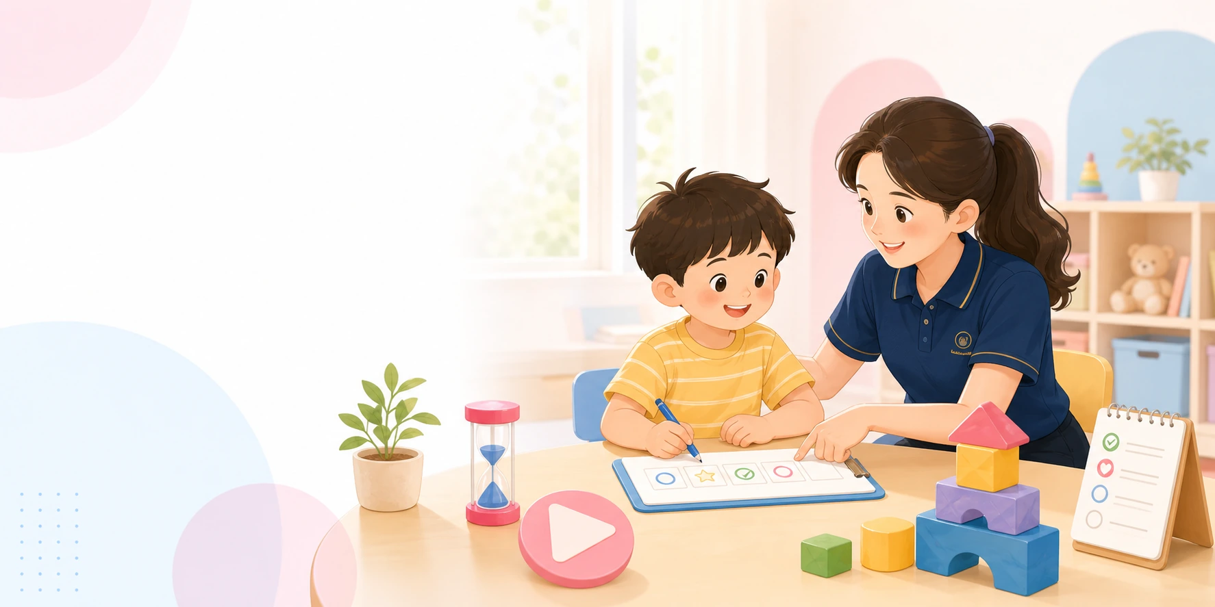 老师陪伴孩子完成任务插画