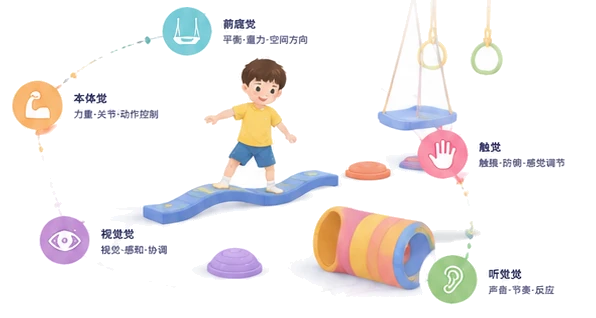 孩子站在平衡木上，周围是前庭觉、本体觉、触觉、视觉和听觉节点