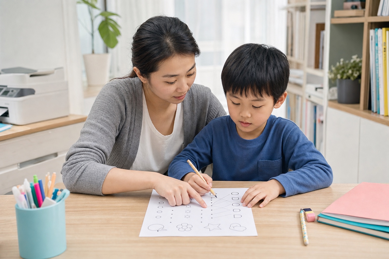 家长陪孩子进行家庭纸笔训练的场景图