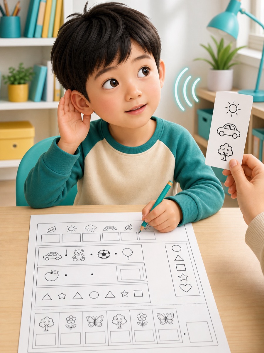 孩子听取口令后完成纸笔反应的宣传图
