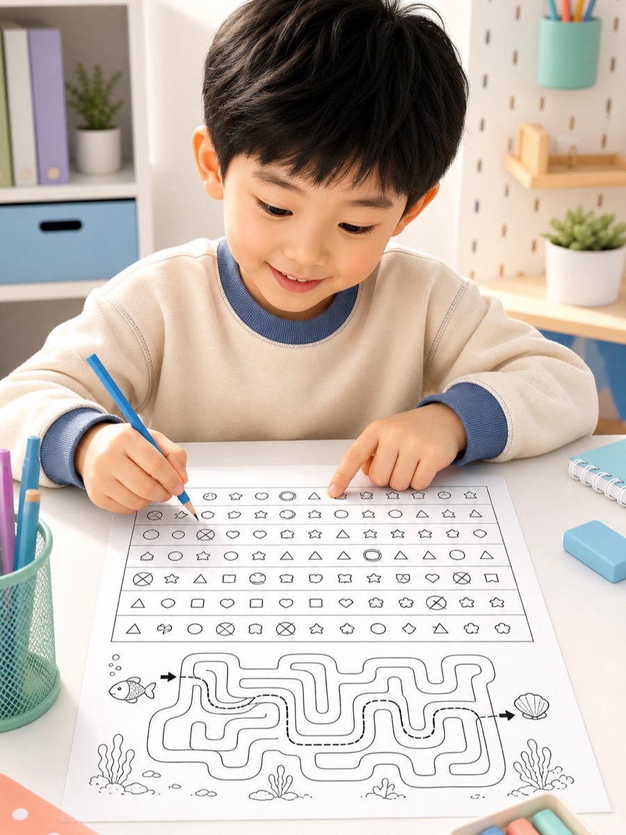 孩子进行划消与迷宫追踪训练的宣传图