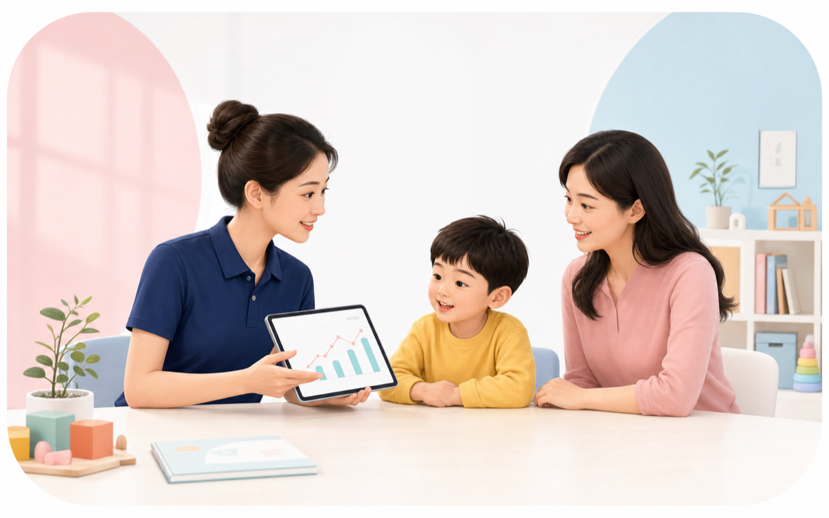 老师向家长和孩子讲解成长评估方案