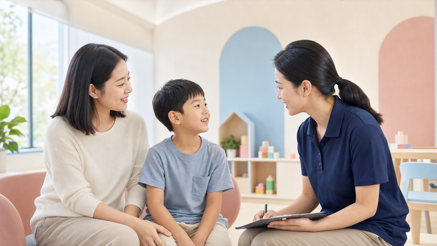 家长带孩子与专业老师进行评估沟通