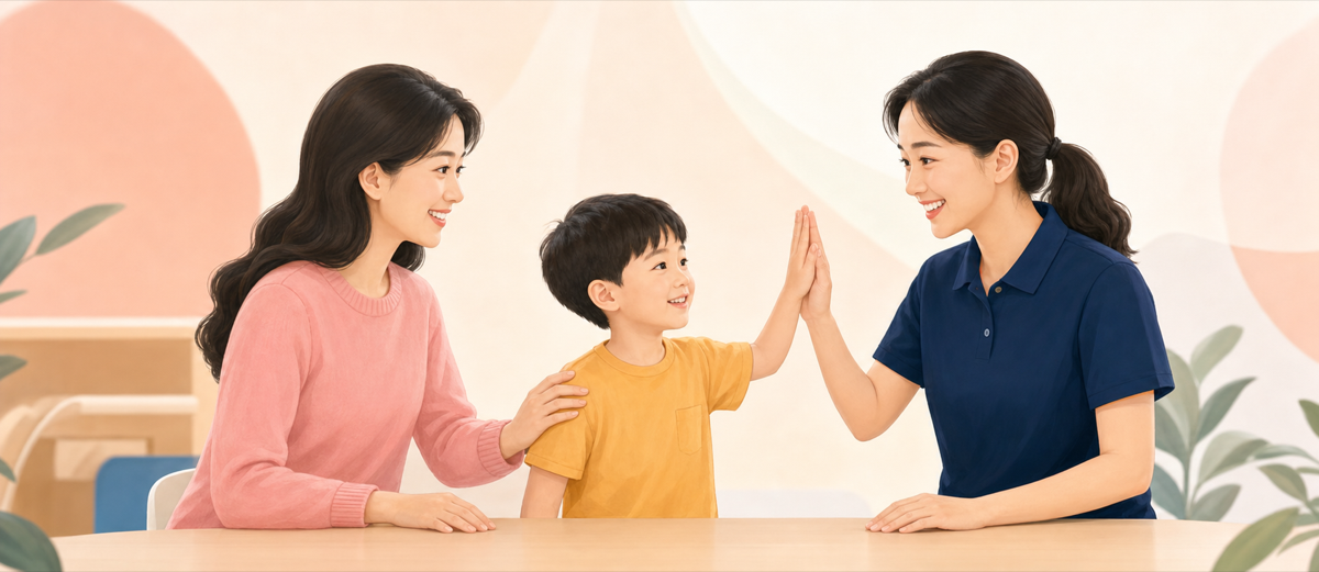 老师、家长和孩子共同完成训练目标的插画